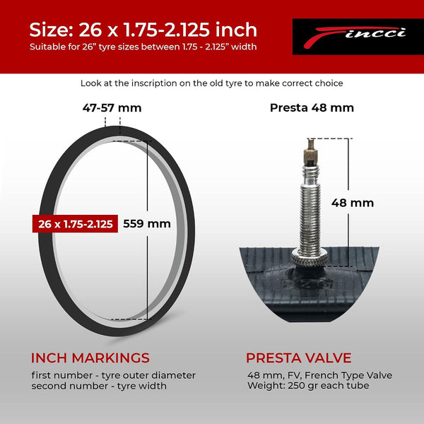 Fincci Pair 26 Inch Bike Tube with Presta Valve – Durable Bike Tire Tubes 26x1.75/1.95/2.0/2.1/2.125 – Value Pack, Reliable Air Retention and Eаsy to Instаll 2X Tubes for MTB, Road and Cruiser Bikes