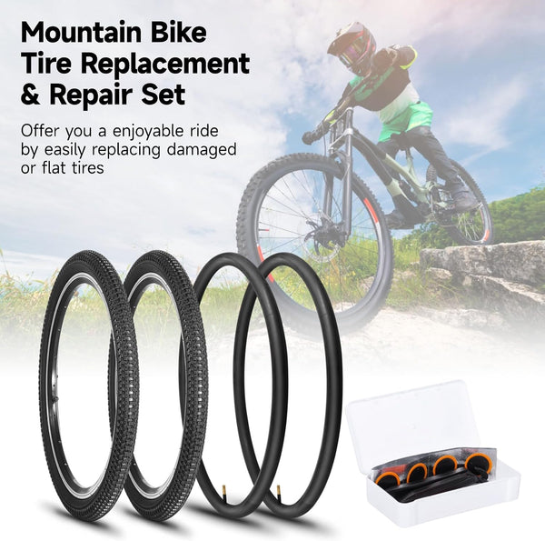 20x1.95 Bike Tire and Tube Set, 2 Pack 20 Inch Mountain Bike Tires with 20x1.75-2.215" Inner Tubes and Repair Tools, Durable Bicycle Tire Kit for Trail, City, and Off-Road Riding