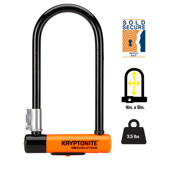 Kryptonite Evolution Standard Bike U-Lock, 4x9 Inch - 14mm Max-Performance Steel Shackle with Double Deadbolt, Includes 3 Keys, Convenient Carry Bracket - High-Security Bicycle Lock, Black, 3.5 lbs