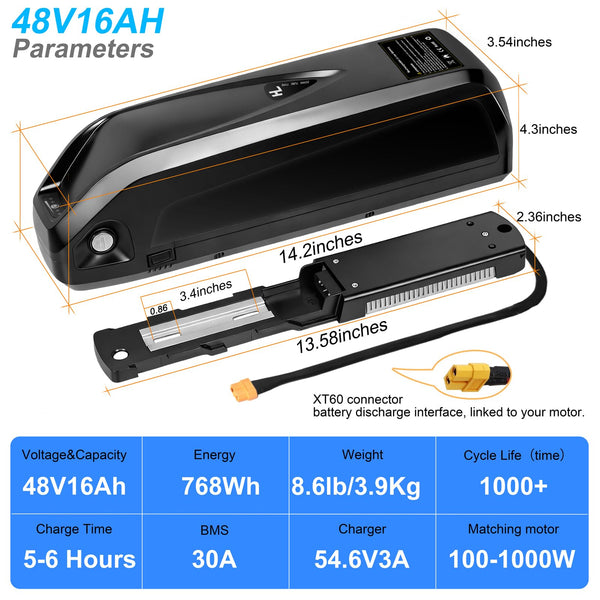 48V 13Ah Ebike Battery, Lithium Battery with 30A BMS for Electric Bicycles,Motorcycles (100-1000W) Motors, Includes Safe Lock,USB Output,Led Indicator Light, XT60 Connector&Base (48V 13AH)