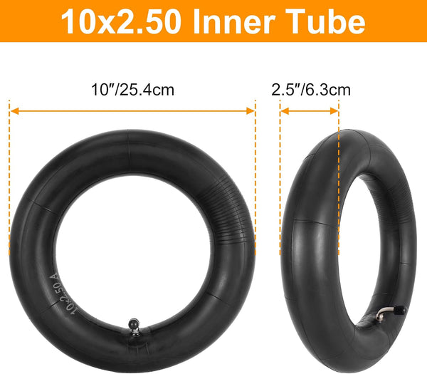 2 Pack of 10x2.50 Inner Tubes and Repair Kit, 10" Bicycle Butyl Tube with 90° Bent Valve Stem Replacement for Electric Scooter Self-Balancing Scooter Kid's Trike Tricycle