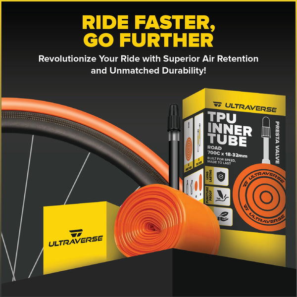 Ultraverse TPU Road Bike Inner Tube 700 x 18-32 with 45mm, 65mm, 85mm Presta Valves Ultra Lightweight Tubes for Road and Gravel Bicycles - 2 Pack with Repair Patch Kit