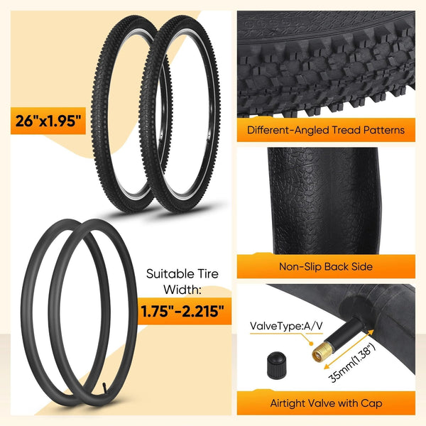 24/26x1.95” Bike Tire, 2 Pack 24/26x1.95 Folding Bicycle Tire and Tube, 24/26 Inch Mountain Bike Tires,Replaceable 26/24 Inch Bike Tires with Repair Tools for MTB,BMX