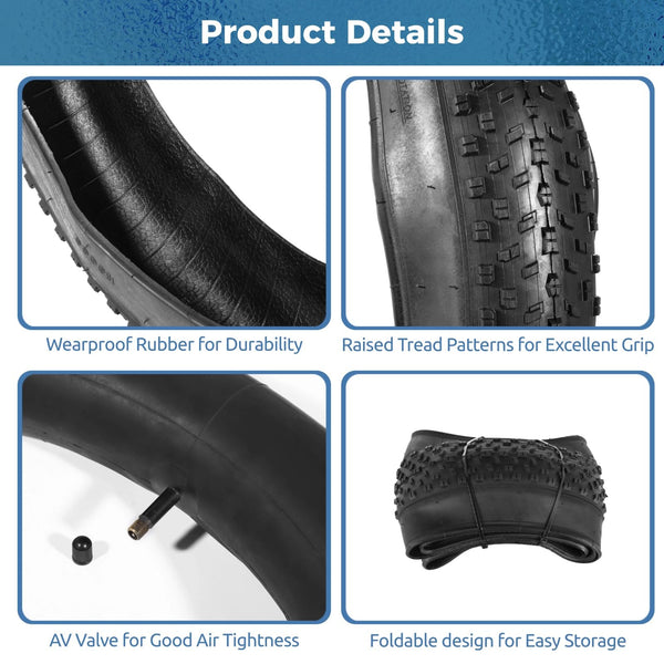 20x4.0 Fat Tire and Tube Set, Folding 100-406/20 x 4 Fat Tire Puncture Resistant with Ebike Tires 20x4 Inner Tube, 20 Inch Fat Tires for Snow, Beach, Mountain, Off Road Commuter Use