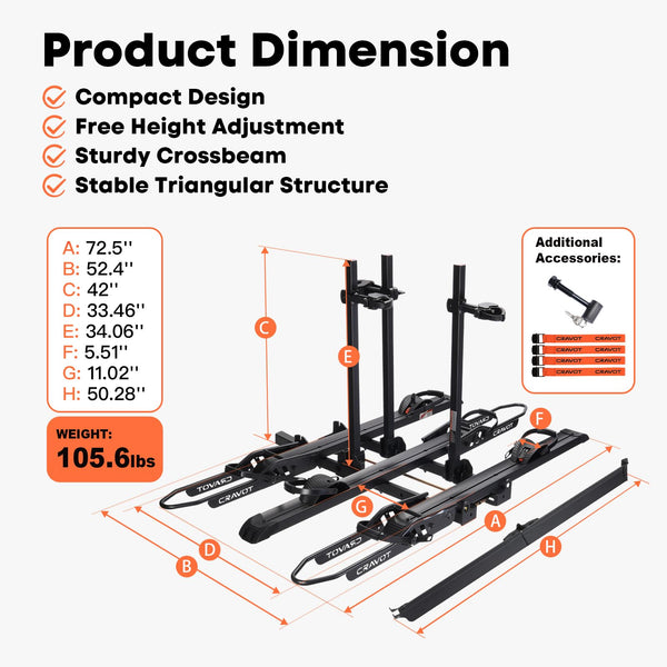 CRAVOT CyberRack S2 Ebike Rack, 300 lbs Capacity Foldable Bike Racks for Tow Hitch Heavy Electric Bike Carrier for 2 E-Bike, Up to 5-inch Fat Tire 2'' Receiver