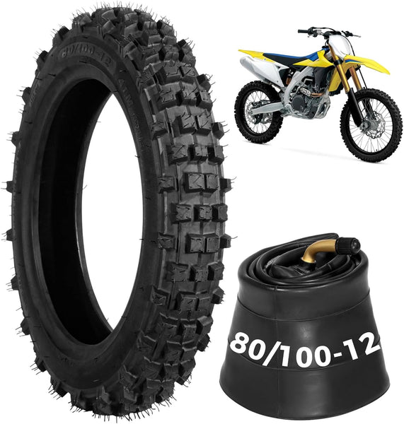 80/100-12 Dirt Bike Tires Set, 3.0-12 Tire and 80/100-12 Dirt Bike Tube with Bent Valve, Tire Replacement 12 Inch Rear for Pit Bike Motocross E-Scooter Off Road Motorcycle