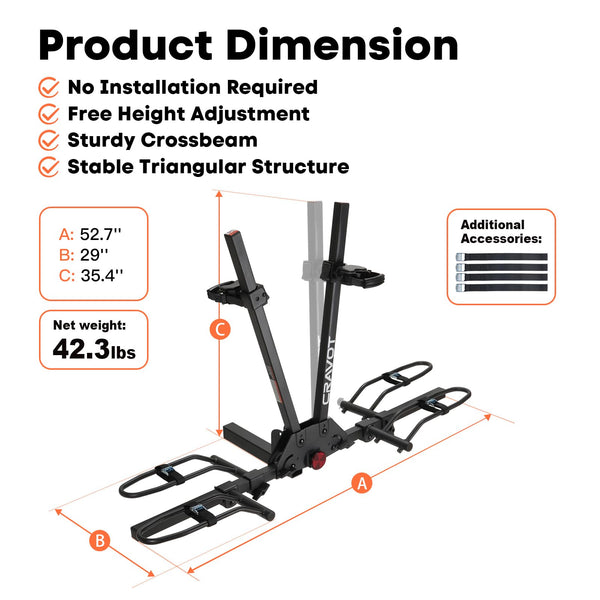 CRAVOT Ebike Racks for 2 Bikes Tow Hitch, Tire Clamp Rack Bike Carrier, Heavy-Duty Haul Ebike Rack with 2 Tray Arms Lock, 200lbs Capacity Fits Fat Tire Bicycle, for Car, SUV with 2" Receiver