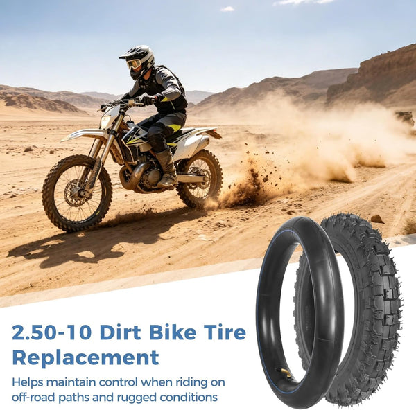 yeesport 2.50-10 Dirt Bike Tire and Tube Kit, 60/100-10 Off Road Tire and 2.50-10 Dirt Bike Tube with Rim Strip and Valve Core Tools, 10 Inch Pit Bike Tire for Mini Dirt Bikes, Front Rear Wheel