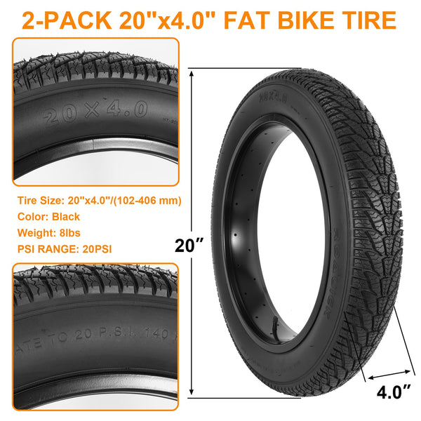 2-Pack 20x4.0 Fat Bike Tire, 20 Inch Mountain Bike Tires & Tubes Set, Folding Replacement Bicycle Tires with Tire Levers for Off-Road Bike, Ebike