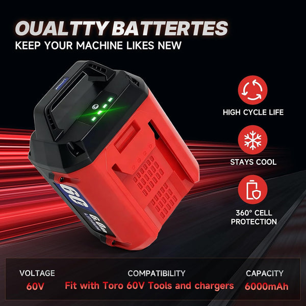 6Ah Lithium-ion Replacement batteria for ‎Toro 60V Battery L108 L135 L216 L324 L405 88620 88625 88640 88660 88675 Compatible with Toro Flex Force Battery 60 Volt