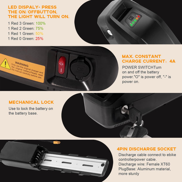 48V13Ah Ebike Battery, Lithium Battery for 250W 350W 500W 750W 1000W Bicycles Motor, with XT60 Connector, Battery Base,Safe Lock, Led Indicator Light(UL Certification)