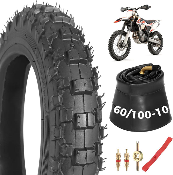 yeesport 2.50-10 Dirt Bike Tire and Tube Kit, 60/100-10 Off Road Tire and 2.50-10 Dirt Bike Tube with Rim Strip and Valve Core Tools, 10 Inch Pit Bike Tire for Mini Dirt Bikes, Front Rear Wheel