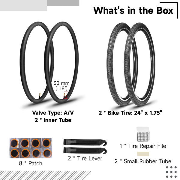 2 PCS 24x1.75 Bicycle Tire and Tube Set, 24 Inch Road Commuter Replacement, 44-507 ETRTO Rubber Tires with A/V Inner Tubes, Repair Kit, Smooth Tread