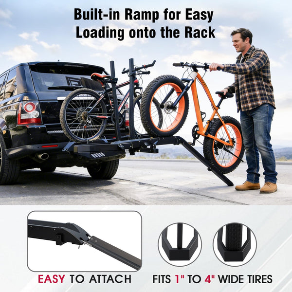 Ebike Rack with Ramp, Foldable Bike Rack for Tow Hitch, Heavy Duty Bike Carrier for 2 Fat Tire Bikes with 300LBS Load Capacity - Fits SUV, Truck, Trailer, RV-Gray