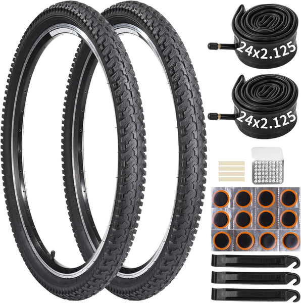 yeesport 2 Pack 24 x 2.125 Bike Tire and Tube Set, 24 Inch Mountain Bike Tire with Repair Kit, Foldable 24 Inch Bicycle Tires for MTB BMX Riding, Replacement 24in Bike Tire for Trail Road Use