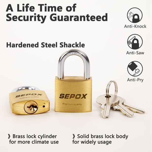 SEPOX 2-Pack Premium Solid Brass Padlock Keyed Alike, 1-9/16" 40mm Heavy Duty Weatherproof Outdoor Lock with 4 Same Keys, Copper Padlock for Gate, Gym Locker, Tool Box, Storage, Shed, Fence & More