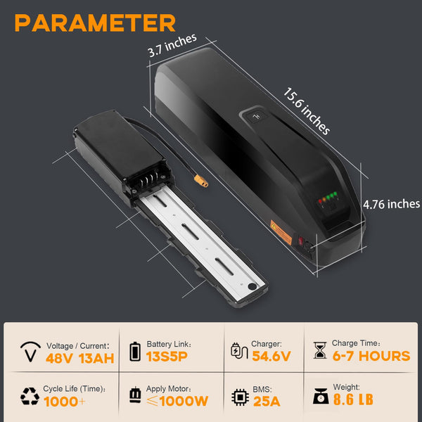 48V13Ah Ebike Battery, Lithium Battery for 250W 350W 500W 750W 1000W Bicycles Motor, with XT60 Connector, Battery Base,Safe Lock, Led Indicator Light(UL Certification)