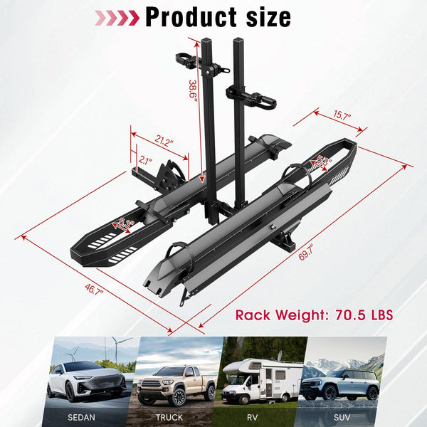 Ebike Rack with Ramp, Foldable Bike Rack for Tow Hitch, Heavy Duty Bike Carrier for 2 Fat Tire Bikes with 300LBS Load Capacity - Fits SUV, Truck, Trailer, RV-Gray