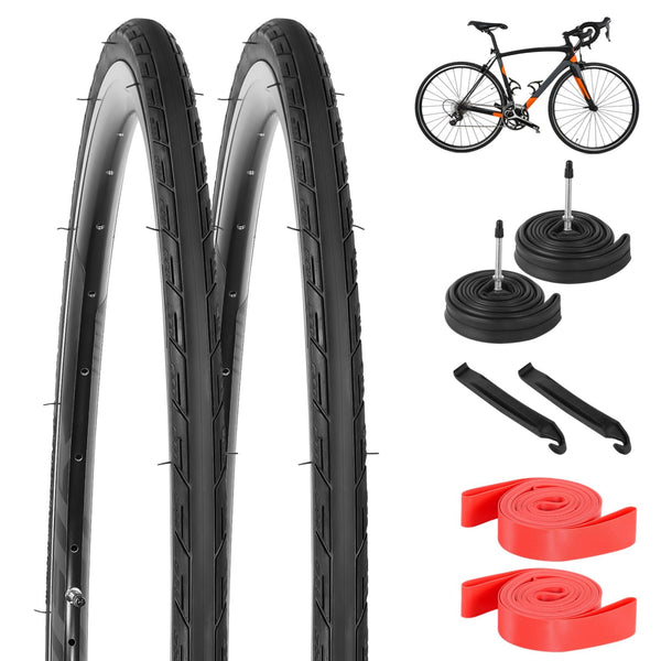 yeesport 700 x 25c Road Bike Tires, 2 Pack Folding 700x25c Tires & 700 x 25c-28c Bike Tubes Presta Valve 48mm Tire Replacement with Rim Strips for Urban Rural Asphalt Concrete Hard Roads