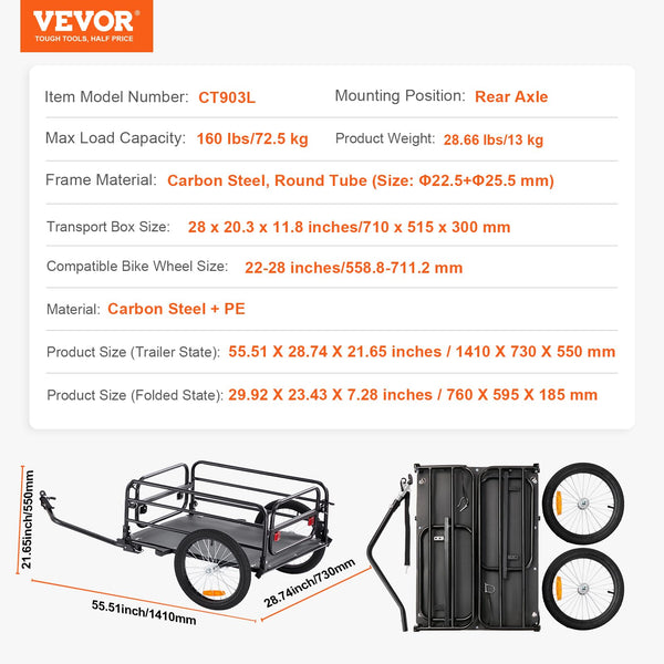 VEVOR E-Bike Cargo Trailers Heavy-Duty Bicycle Wagon Cart, Foldable - TRIPPER ELECTRIC BIKES