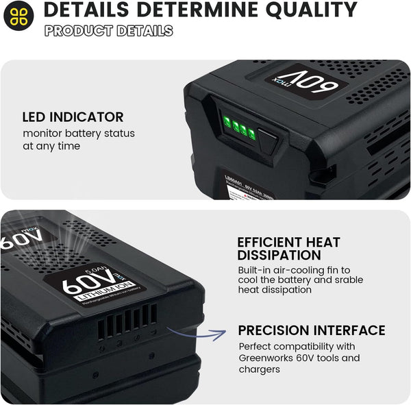 Cordless Tools 60V 5.0Ah Lithium Replacement for Greenworks 60V Battery LB60A03 LB60A02 LB60A00 Lawn Mower Battery-High Capacity Upgraded for Greenworks 60 Volt Green Works Max Batteries