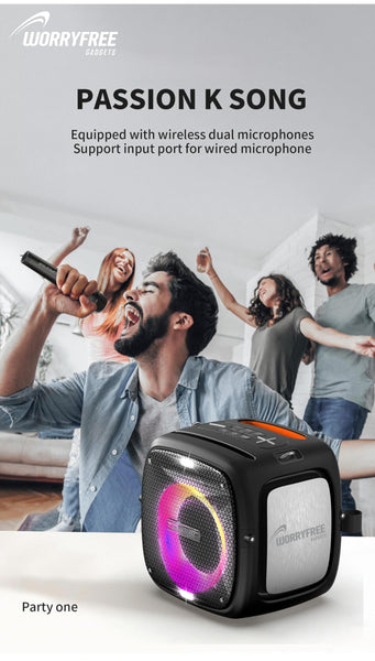 Portable Bluetooth Speaker with Two Microphones, TWS Pairing, Multicolor LED Lights, 10-12 Hours Playtime, 80W, Black
