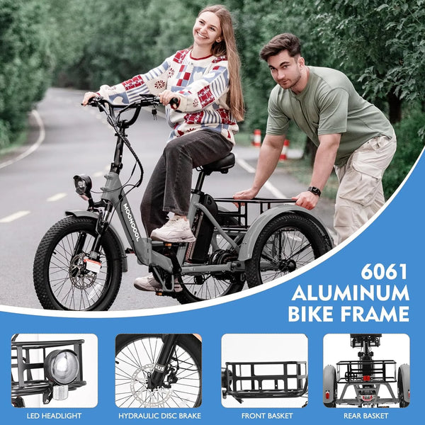 20" Fat Tire Electric Tricycle for Adults W/Accessories Set, Foldable Electric Trike with Front & Rear Basket, 750W Motor 48V Removable Battery, 3 Wheel Electric Bicycle for Men Women
