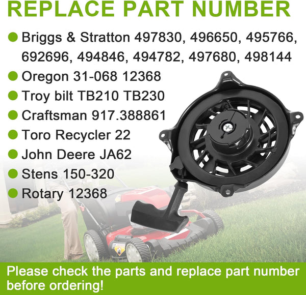 497680 Recoil Starter Compatible with Brigs & Straton Pull Start Assembly, 497680 Rewind Starter Compatible with 6.75 Motor Craftman, Rotary 12368 Lawn Mower Recoil Starter Replace