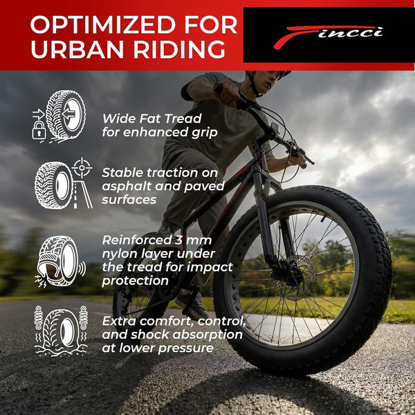 Fincci Pavex Pair 20x4.0 Fat Bike Tires with 3mm Anti-Puncture Protection Pair 100-406 ETRTO 27 TPI Foldable Steel Bead Urban Street Riding & City Commuting Fat E-Bike