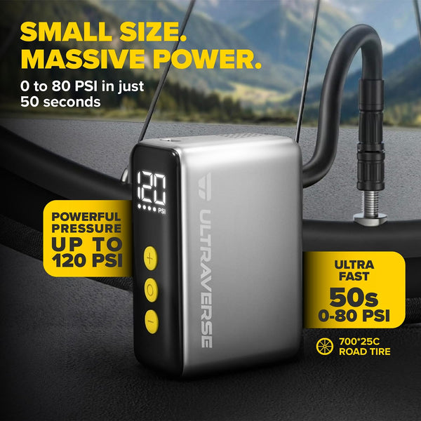 Ultraverse Mini Electric Bike Pump – 120 PSI High-Pressure Power, Ultra-Compact Smart Inflator with Presta & Schrader, Fast Rechargeable Pump for Road, MTB & E-Bike