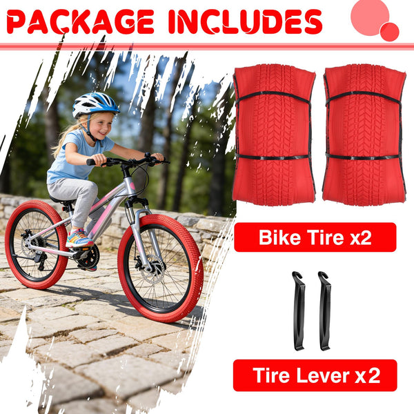 2 Pack Color Bike Tire, 20 x 2.125 Inch Folding Bicycle Replacement Tire Red Color Tire for Children Bikes