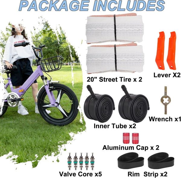 2Sets 20x1.75 White Bike Tires and Tubes, 20 Inch Bike Tire Puncture Resistant Folding Street Bike Tire Sets 47-406 Compatible with Road Street Bicycle E-Bike Wheelchair Low Resistance