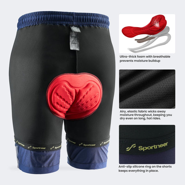 Sportneer Bike Shorts for Men: 3D Padded Lightweight Riding Biking Cycling Mountain Bike Shorts for Men with Zipper Pockets