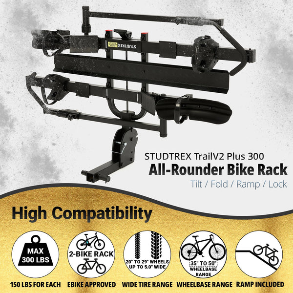 TrailV2 Plus Hitch 2 Ebike Rack with Ramp, Tilt, Fold, Anti-Theft Hitch & Wheel Locks, Heavy Duty 170 lbs Capacity, Fits 2" Receiver, Max 5" Fat Tires, Electric Bike Rack for Car, SUV, Truck, RV