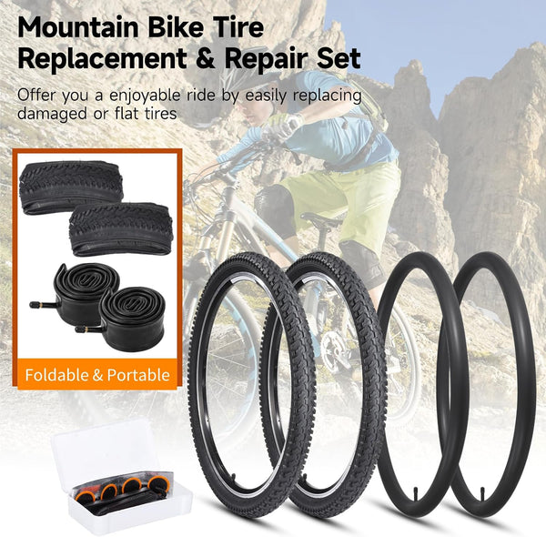 yeesport 2 Pack 24 x 2.125 Bike Tire and Tube Set, 24 Inch Mountain Bike Tire with Repair Kit, Foldable 24 Inch Bicycle Tires for MTB BMX Riding, Replacement 24in Bike Tire for Trail Road Use