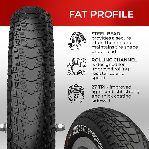 Fincci Pavex Pair 20x4.0 Fat Bike Tires with 3mm Anti-Puncture Protection Pair 100-406 ETRTO 27 TPI Foldable Steel Bead Urban Street Riding & City Commuting Fat E-Bike