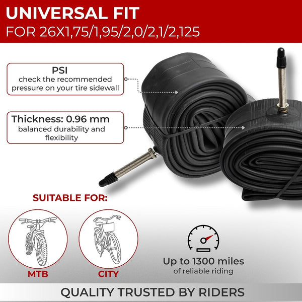Fincci Pair 26 Inch Bike Tube with Presta Valve – Durable Bike Tire Tubes 26x1.75/1.95/2.0/2.1/2.125 – Value Pack, Reliable Air Retention and Eаsy to Instаll 2X Tubes for MTB, Road and Cruiser Bikes