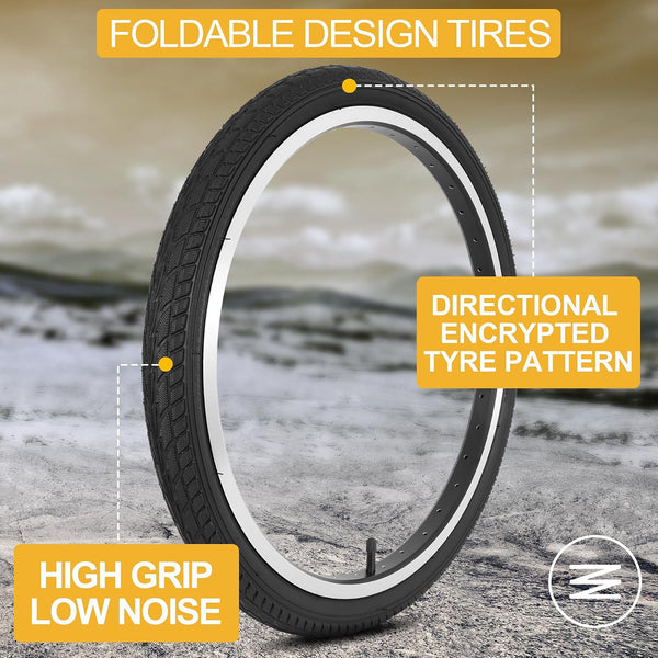 2Sets 20x1.75 Street Tires and Tubes, Puncture Resistant Folding Bike Tire Sets 47-406 Compatible with Road Bike Street Bicycle E-Bike Wheelchair Low Resistance All Black Sidewall