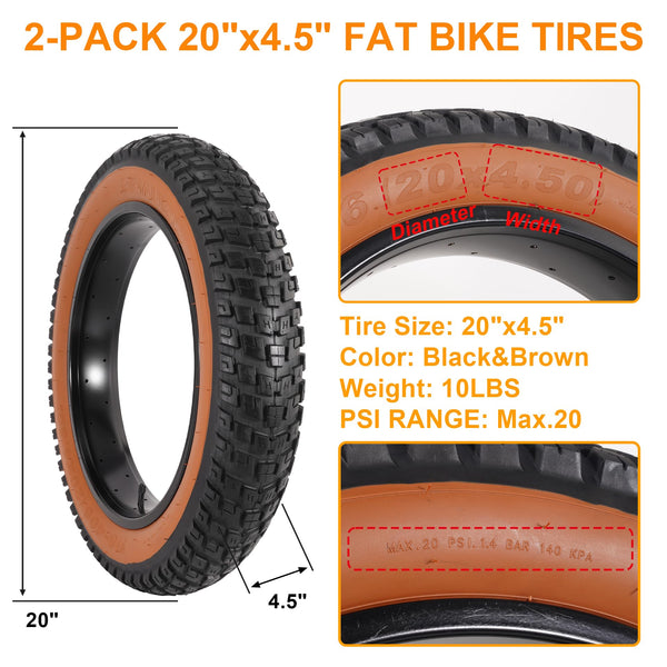 2-Pack 20x4.5 Fat Tire Tube, 20 Inch Bike Tire, Mountain Bike Tires & Tubes, Folding Replacement Bicycle Tires with 2 Tire Levers for Electric Bike, Ebike Accessories
