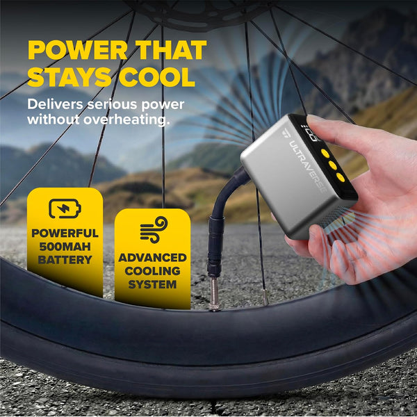 Ultraverse Mini Electric Bike Pump – 120 PSI High-Pressure Power, Ultra-Compact Smart Inflator with Presta & Schrader, Fast Rechargeable Pump for Road, MTB & E-Bike