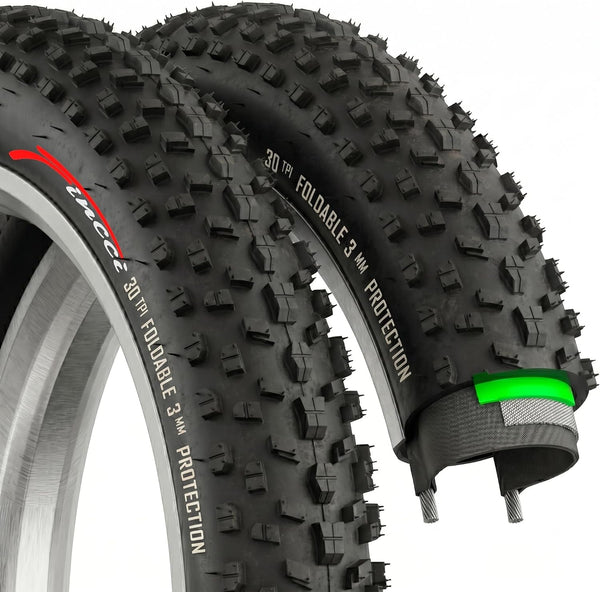 Fincci Pair 26x4.0 Fat Bike Tires - Foldable 26 inch Bike Tires with Nylon Antipuncture 3 mm 100-559, Fat Tire with Durable Tread Design for Mountain, Hybrid, Dirt, Street Tires for Ebike, 30 TPI