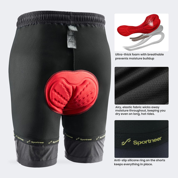 Sportneer Bike Shorts for Men: 3D Padded Lightweight Riding Biking Cycling Mountain Bike Shorts for Men with Zipper Pockets