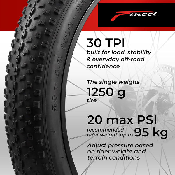 Fincci Pair 26x4.0 Fat Bike Tires - Foldable 26 inch Bike Tires with Nylon Antipuncture 3 mm 100-559, Fat Tire with Durable Tread Design for Mountain, Hybrid, Dirt, Street Tires for Ebike, 30 TPI