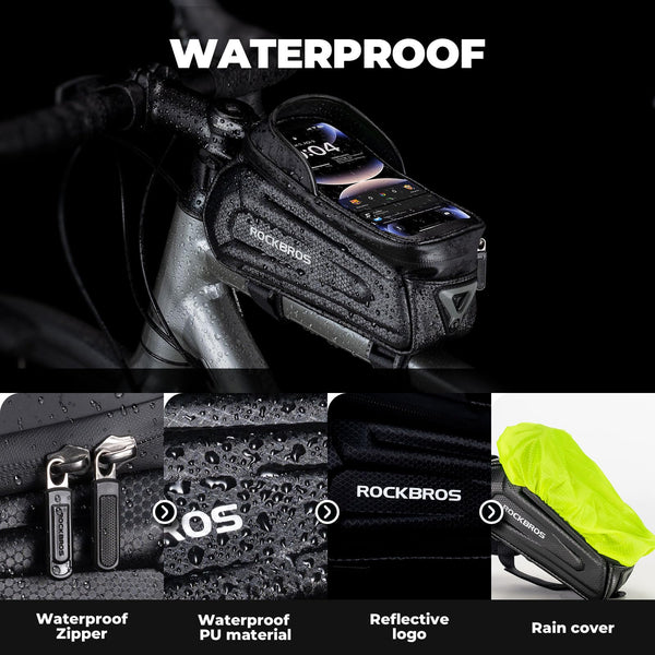 ROCKBROS Bike Phone Bag, [Oversized] EVA Waterproof Bike Top Tube Front Frame Bag Phone Holder Bicycle 1.7L Capacity Pouch Fits Phones With Case Under 7.2” E-Bike Accessories Straps Fit All Frames - TRIPPER ELECTRIC BIKES