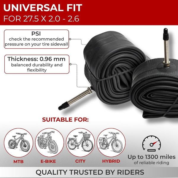 Fincci 27.5 x 2.0/2.1/2.2/2.3/2.35/2.4/2.5/2.6 Inch Bike Inner Tube – 48mm Presta Valve – Butyl Rubber – Fits Mountain & Hybrid Bikes – Pack of 2