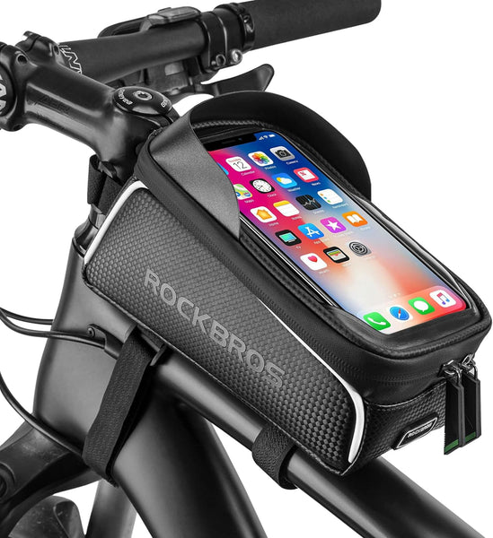 ROCKBROS Bike/Bicycle Phone Front Frame Bag, Waterproof, Tube Bag,Cycling Pouch, E-Bike Accessories for Men Compatible Phone Under 7” Straps Fit All Frames