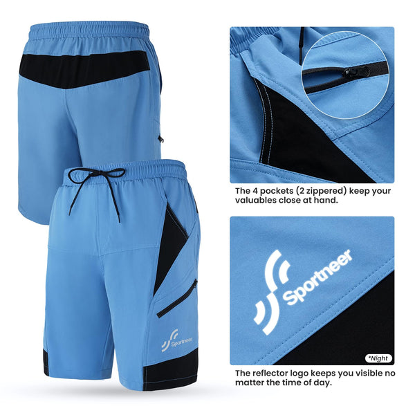 Sportneer Bike Shorts for Men: 3D Padded Lightweight Riding Biking Cycling Mountain Bike Shorts for Men with Zipper Pockets