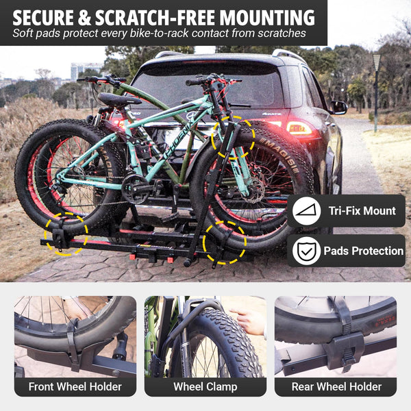 TrailV2 Plus Hitch 2 Ebike Rack with Ramp, Tilt, Fold, Anti-Theft Hitch & Wheel Locks, Heavy Duty 170 lbs Capacity, Fits 2" Receiver, Max 5" Fat Tires, Electric Bike Rack for Car, SUV, Truck, RV
