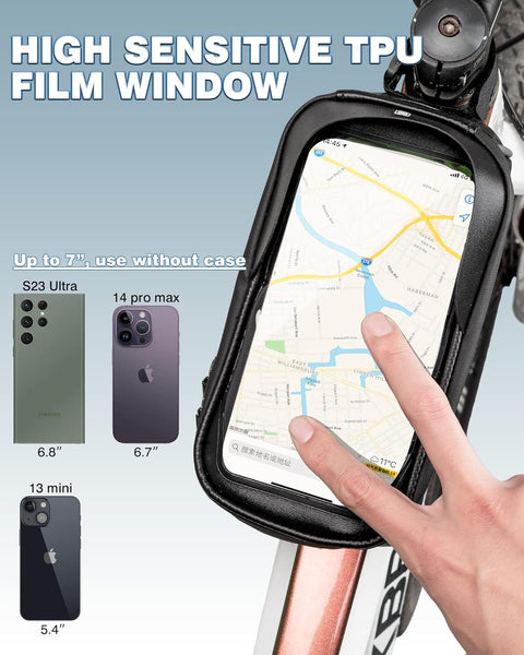 ROCKBROS Bike/Bicycle Phone Front Frame Bag, Waterproof, Tube Bag,Cycling Pouch, E-Bike Accessories for Men Compatible Phone Under 7” Straps Fit All Frames