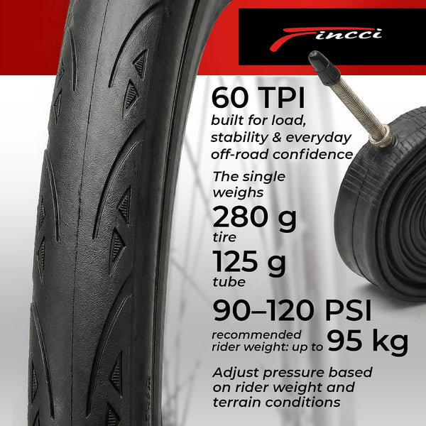 Fincci Set 700x23c Tires Road Bike with 2X Bicycle Inner Tubes 700c - Racing 23-622 1mm Puncture Proof Bike Tires & 60mm Presta Tube - 700c Bike Tire for Folding, Touring, Gravel, E Bikes, Bicycle